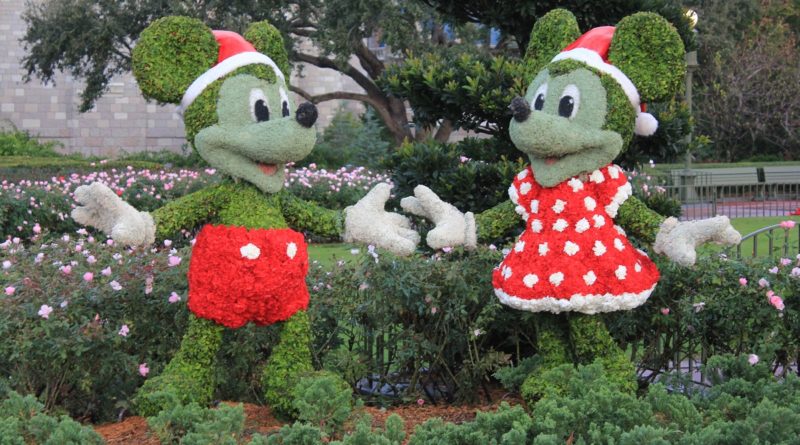 Micky and Minnie Mouse shaped bushes in Christmas outfits.
