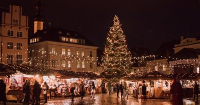 Busy marketplace with a large Christmas tree