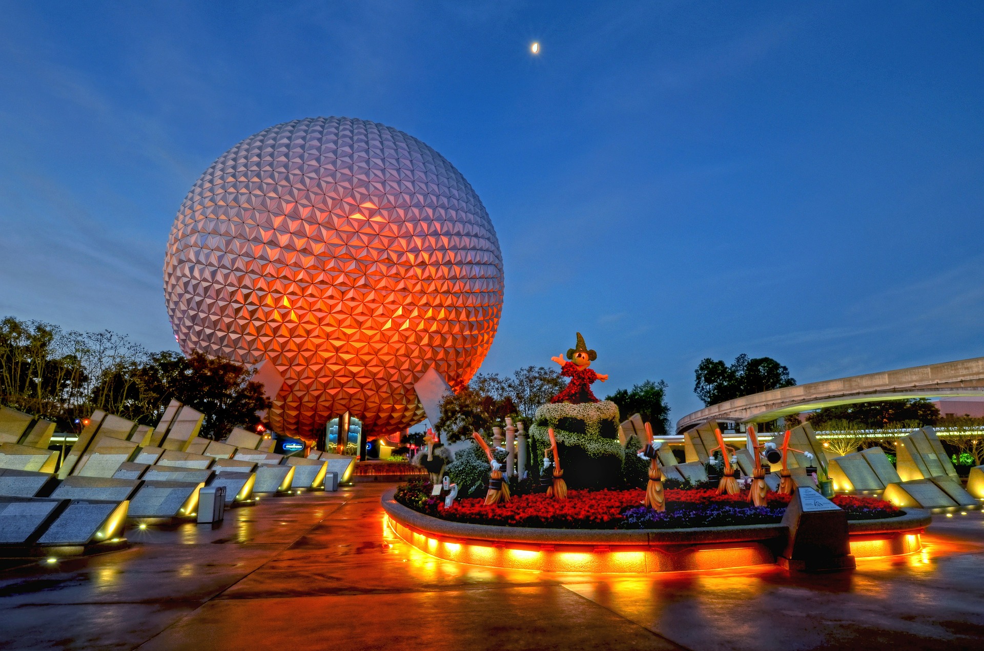 Epcot in Walt Disney World lit up in the evening