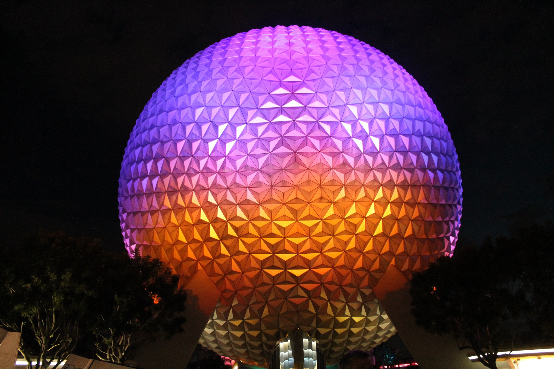 Epcot Center lit up in the night