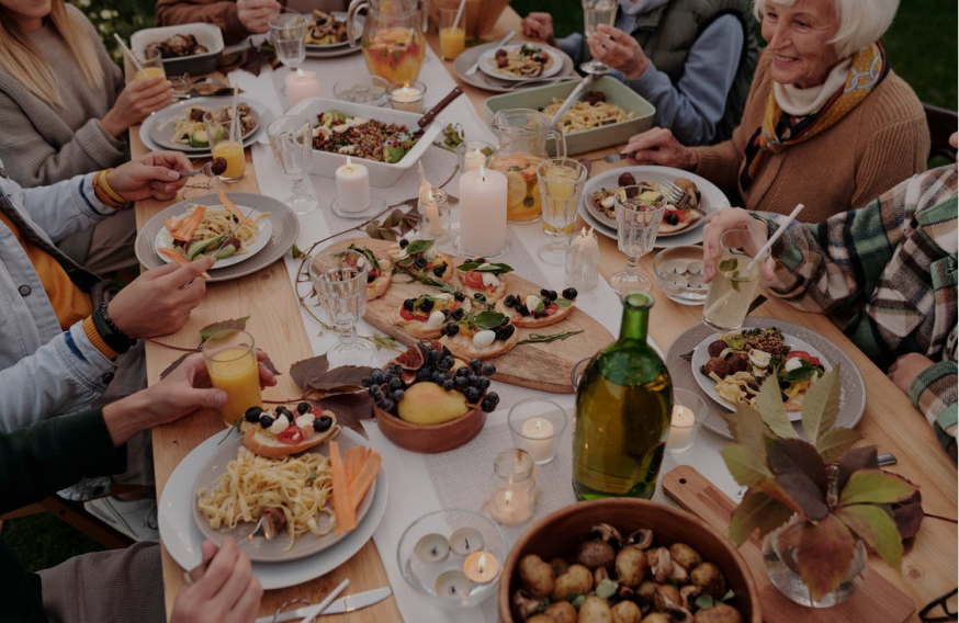 family dining together in a vacation home