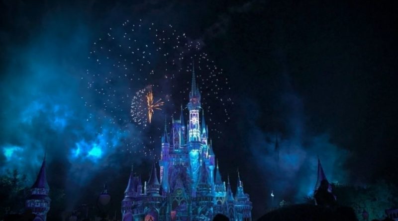 Disney world castle at night with fireworks at the back