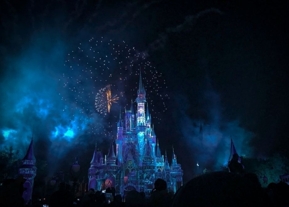Disney world castle at night with fireworks at the back